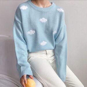 Free Valley Light Blue Acrylic Sweater with Cloud Design size M